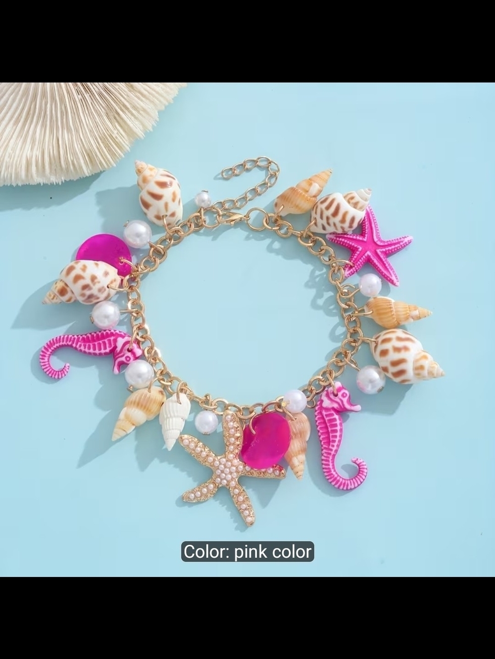Beach Charm Anklet with Pink/Goldtone Accents